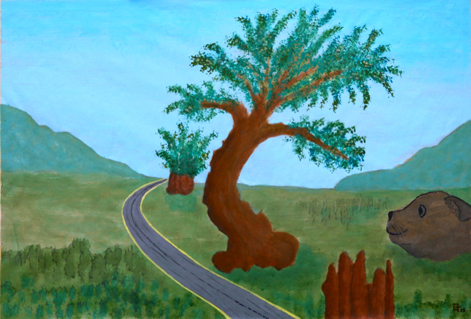 Arbre tronc et chat craignant de traverser la route